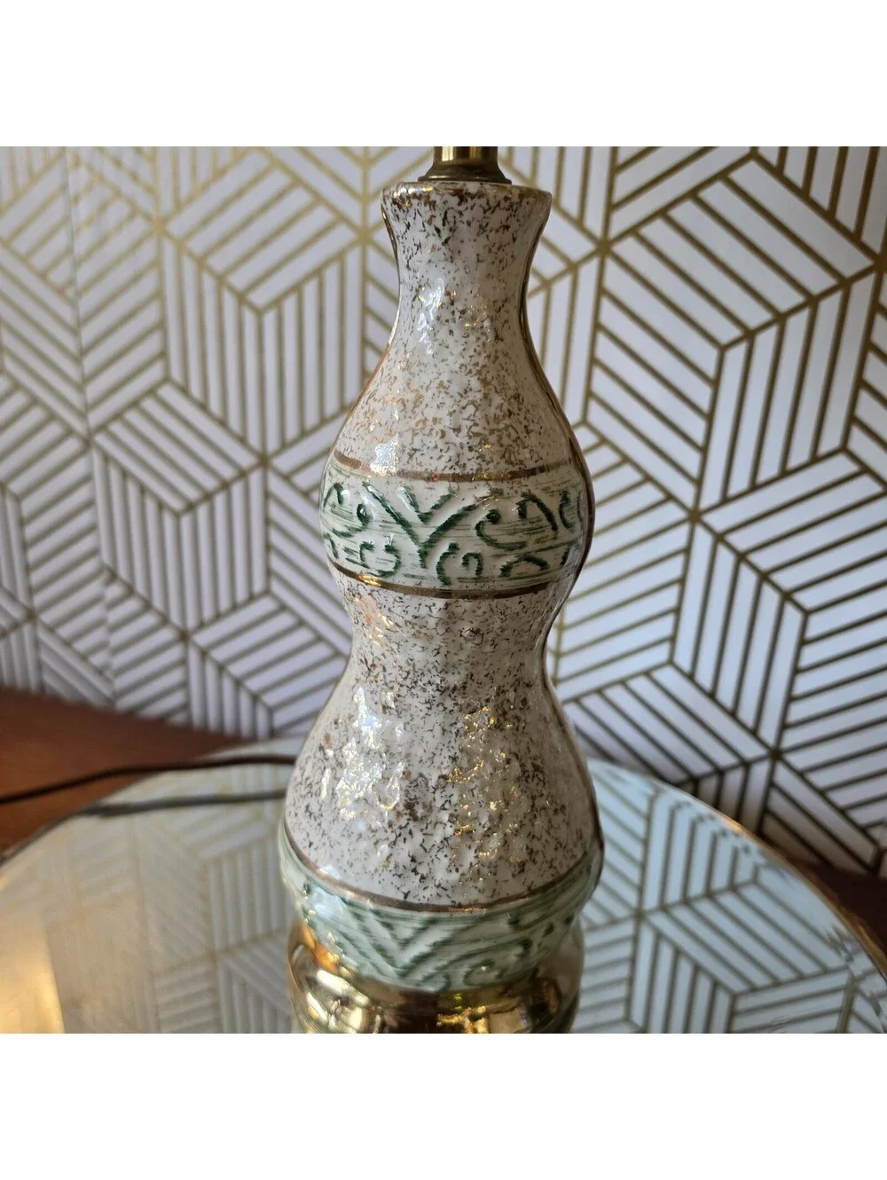 Vintage Midcentury White Green Gold Ceramic Accent Lamp Atomic Fiberglass Shade